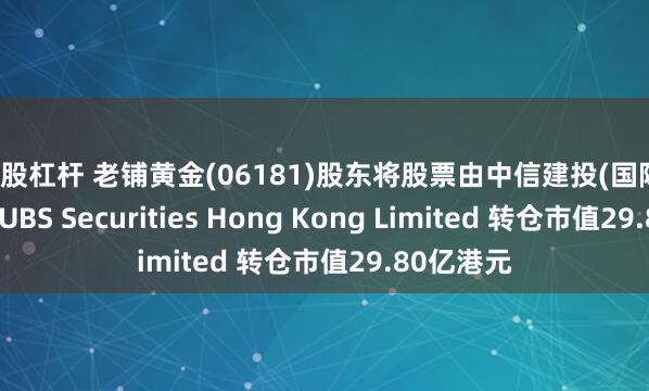 炒股杠杆 老铺黄金(06181)股东将股票由中信建投(国际)证券转入UBS Securities Hong Kong Limited 转仓市值29.80亿港元